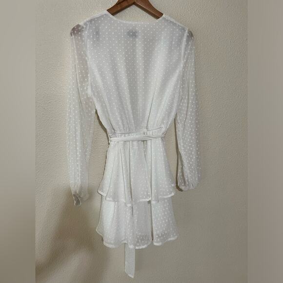 Lioness Legendary Lovers White Swiss Dot Long Sleeve Deep V Tie Waist Dress M - Picture 5 of 8